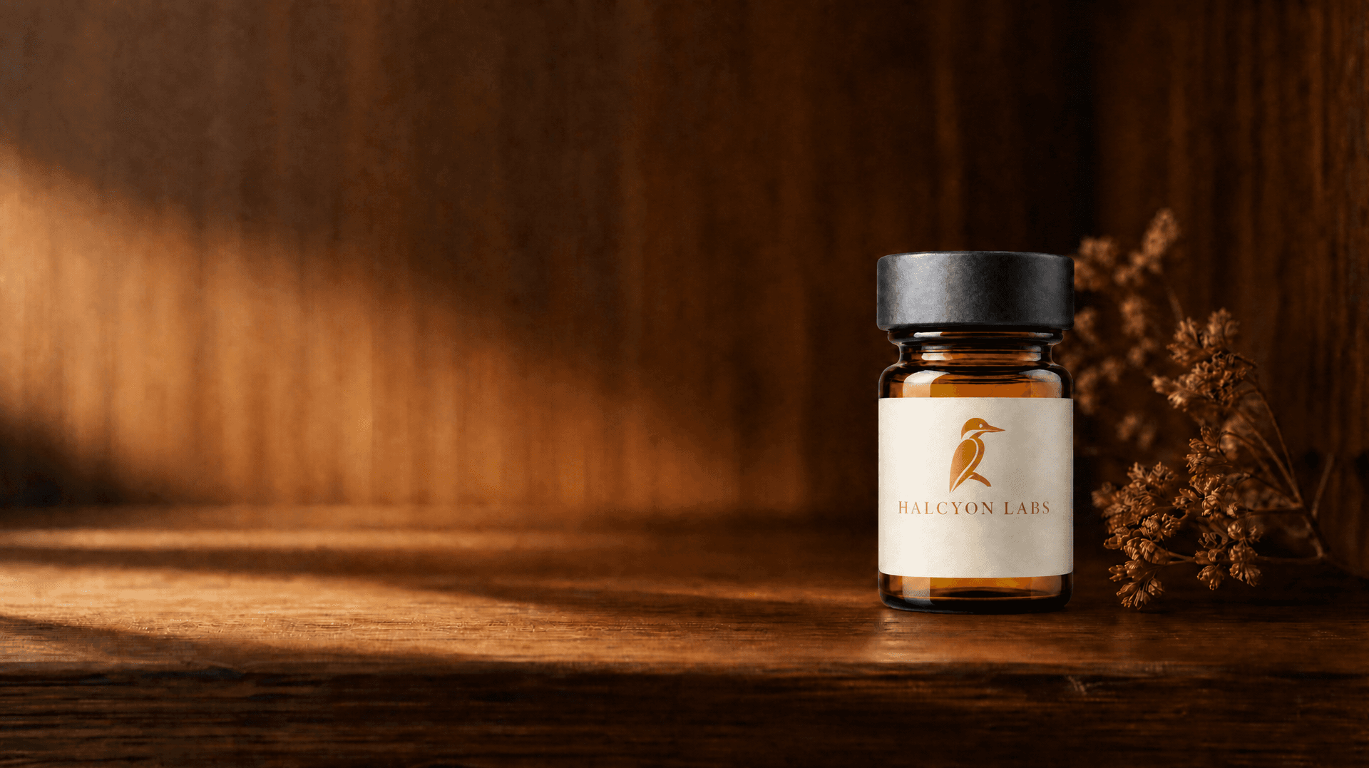 Halcyon Labs research vial on a warm walnut apothecary shelf