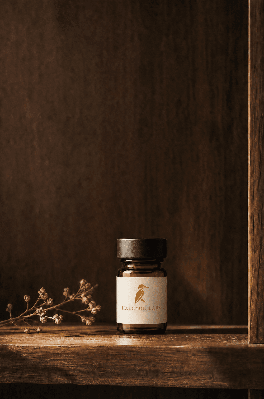 Halcyon Labs research vial on a warm walnut apothecary shelf
